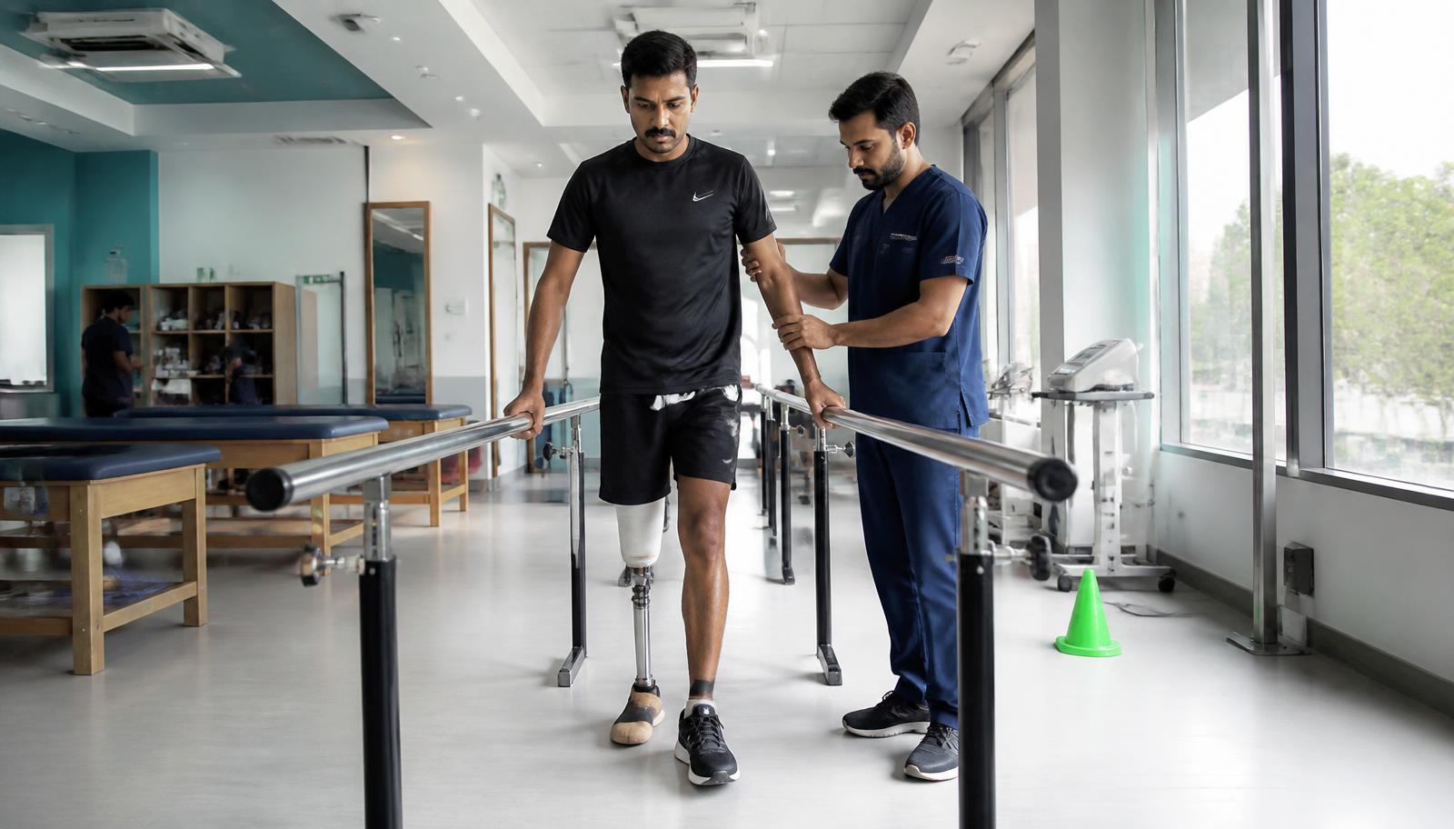 Physiotherapist assisting a patient walking with a prosthetic limb at P & O Rehab Centre Nagpur