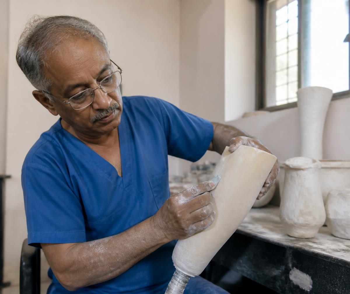 Senior prosthetist shaping a custom prosthetic socket in the Nagpur workshop