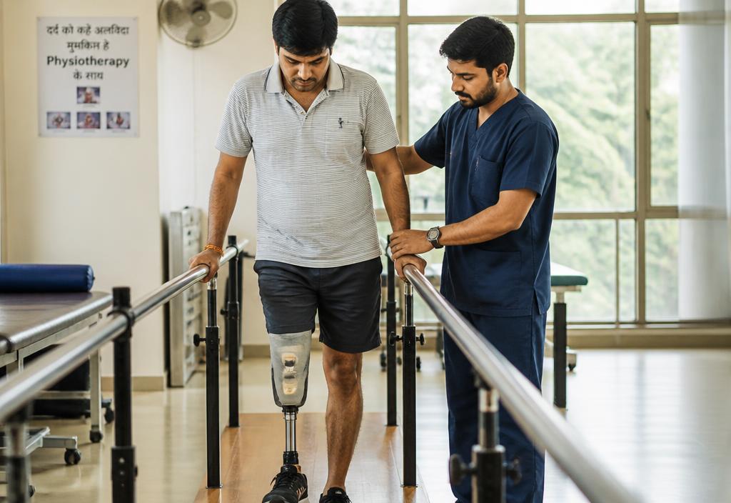 Indian therapist assisting a below-knee amputee during gait rehabilitation at P & O Rehab Centre Nagpur.