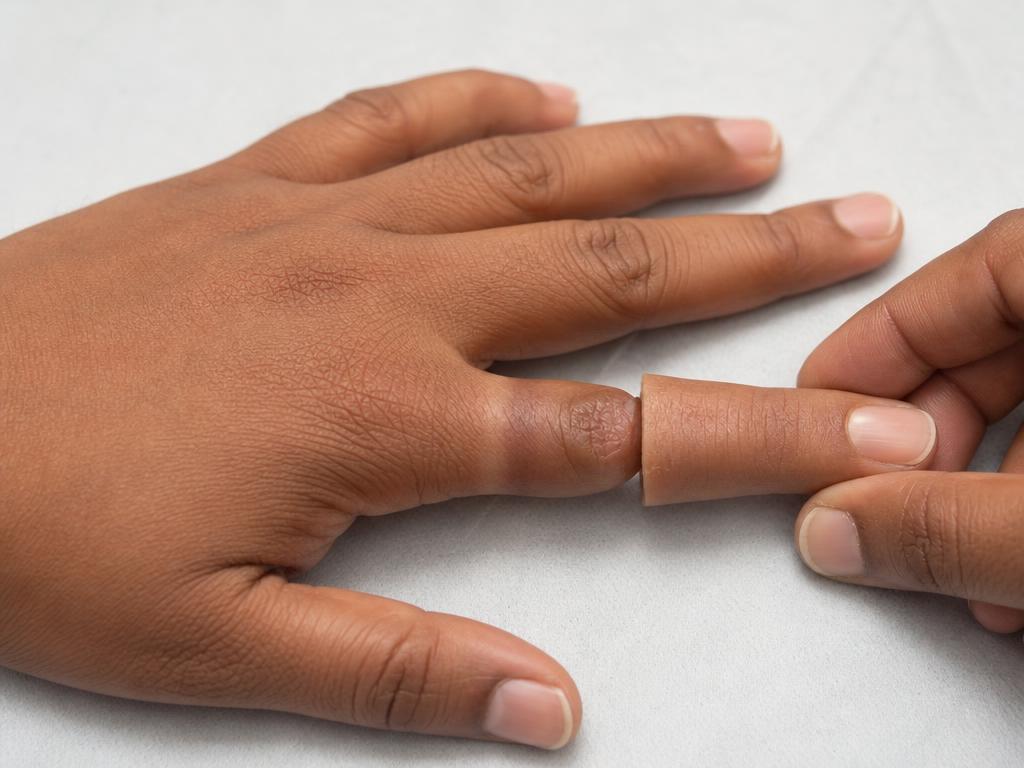 Silicone finger prosthesis being fitted on a partial finger amputation
