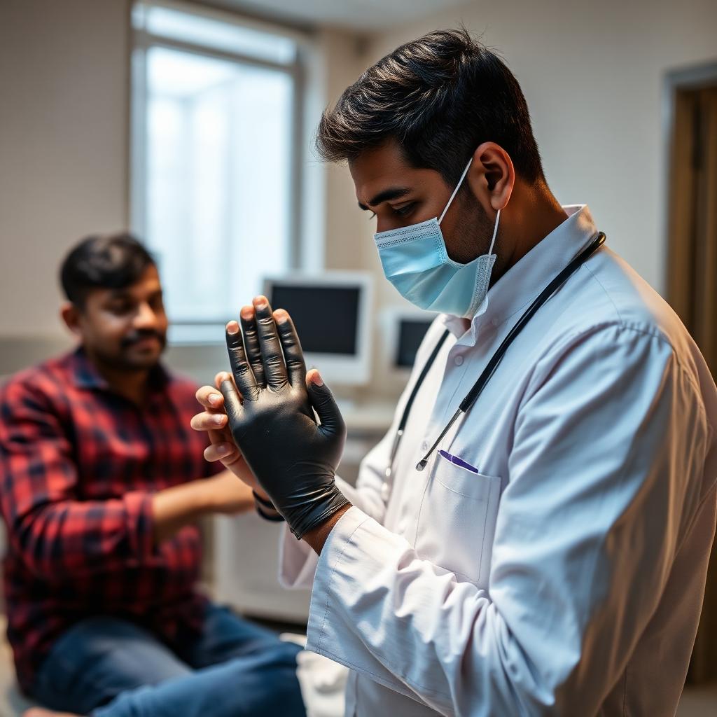 Indian prosthetist fitting a cosmetic silicone hand prosthesis