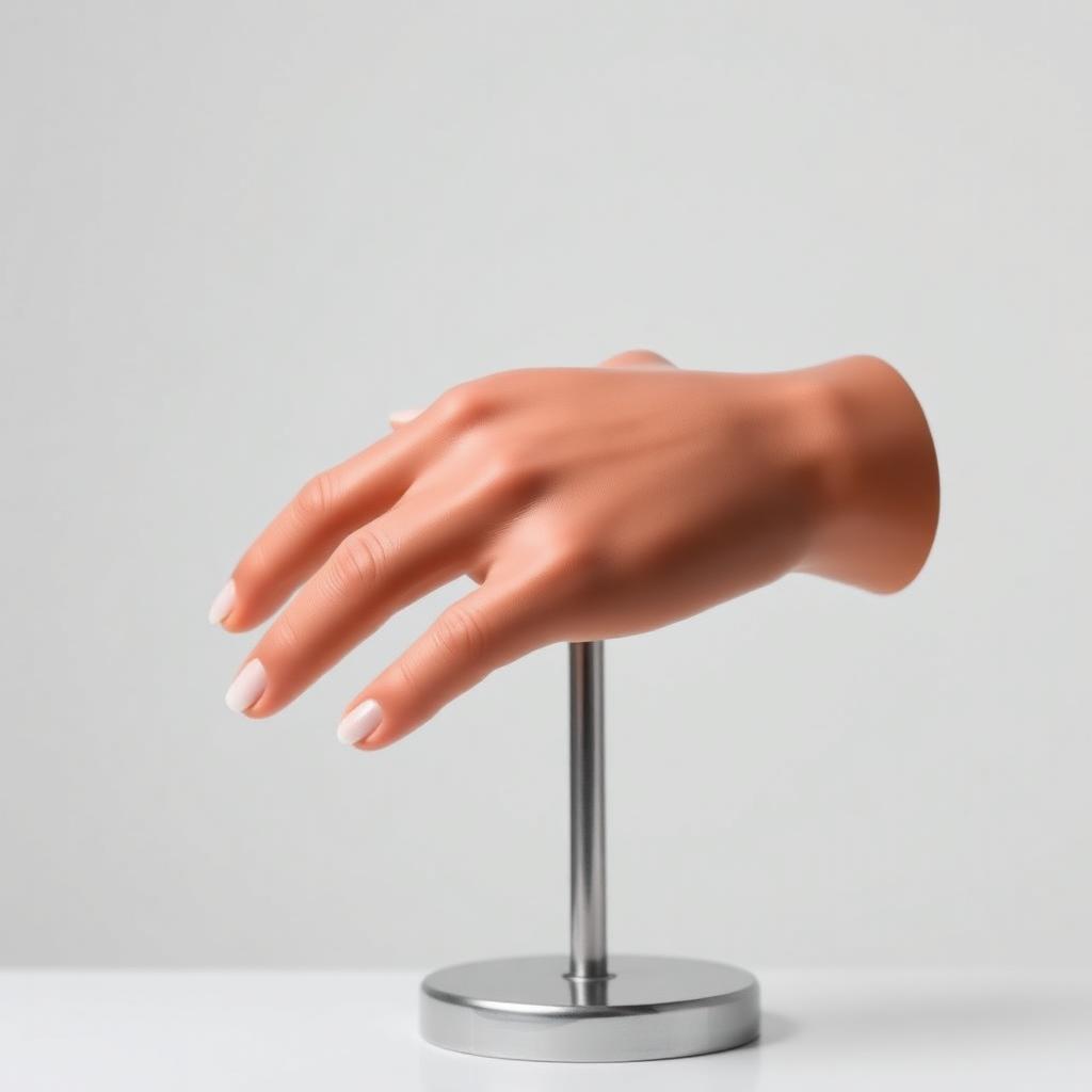 Lifelike cosmetic hand restoration prosthesis on display stand