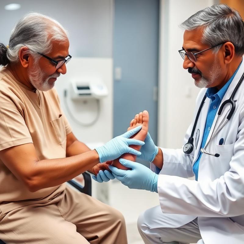 Indian doctor examining diabetic foot of elderly patient