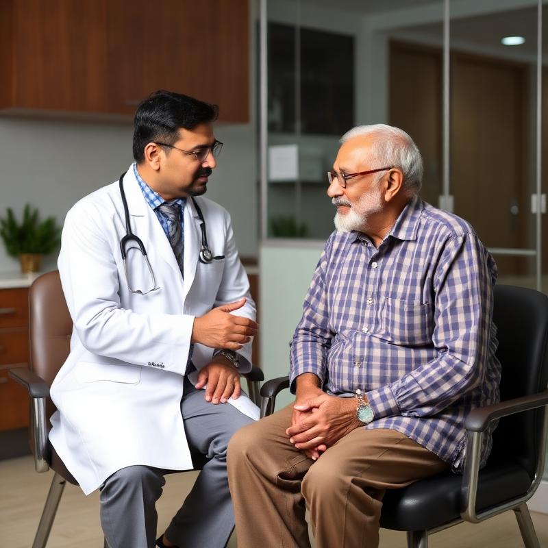 Doctor counselling Indian patient on diabetic foot ulcer prevention
