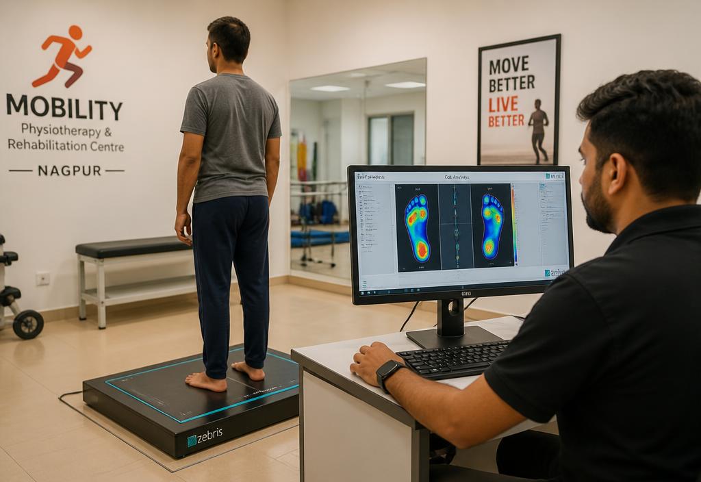 Patient standing on a computerised foot pressure platform while a therapist reviews the digital gait analysis.