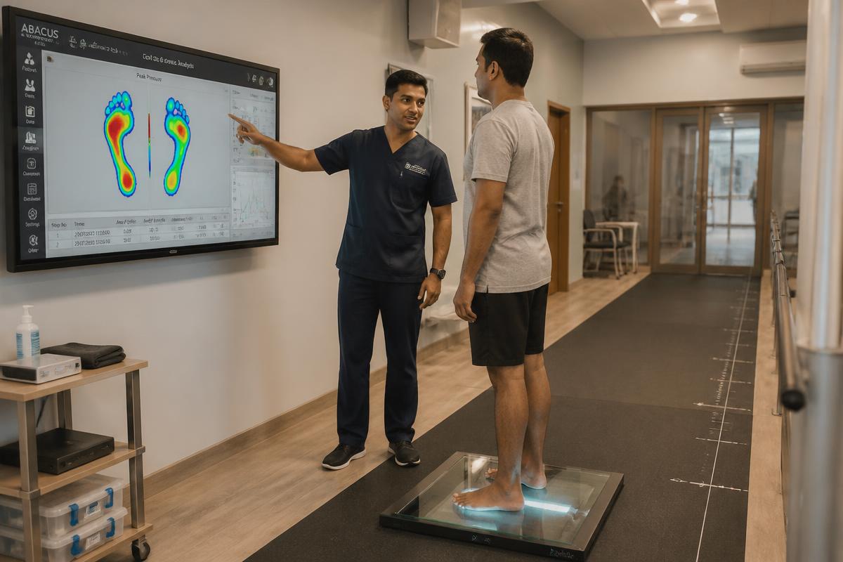 Patient standing on a computerised foot pressure scanner while a clinician reviews the pressure map