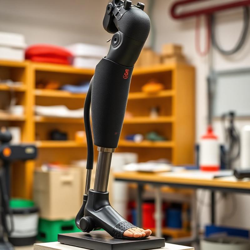 Above-knee prosthetic leg on display