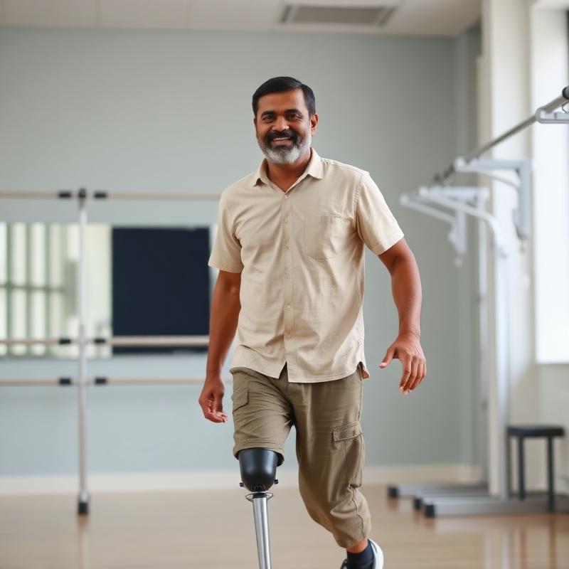 Indian patient walking confidently with prosthetic leg