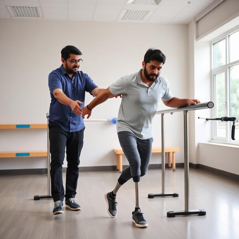 Gait training session with prosthetic leg and physiotherapist
