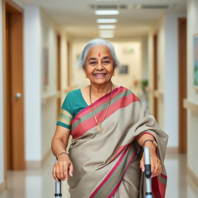 Elderly Indian woman in saree confidently using a walker