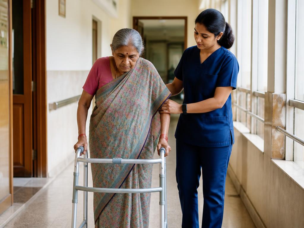 Elderly patient walking with a walker assisted by a physiotherapist