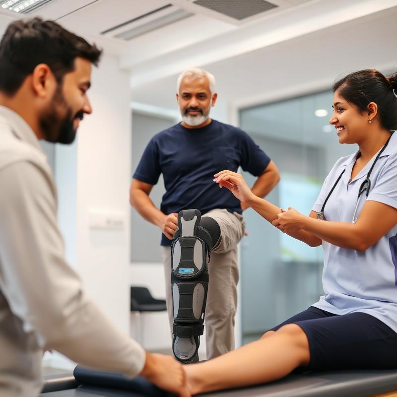 Indian patient wearing orthotic brace during rehabilitation
