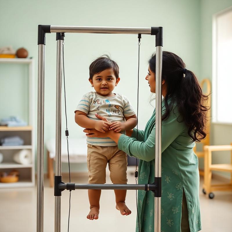 Indian child using pediatric standing frame with therapist