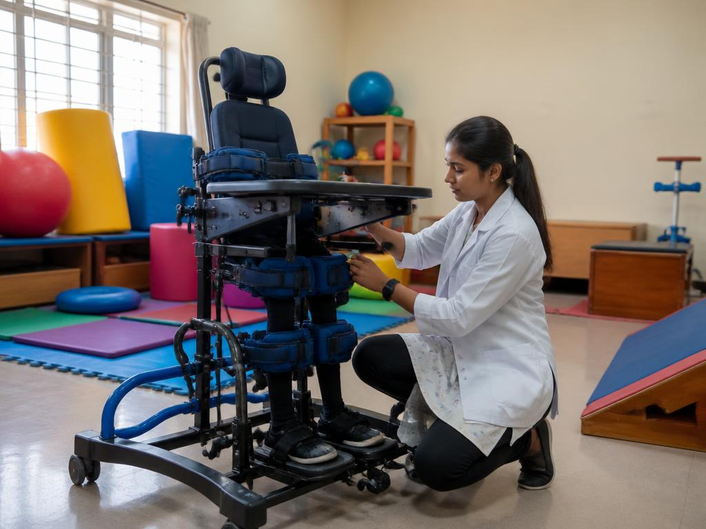 Therapist adjusting a pediatric standing frame in the therapy room