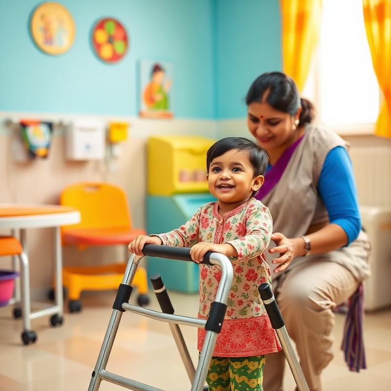 Indian child smiling while using assistive walker with therapist