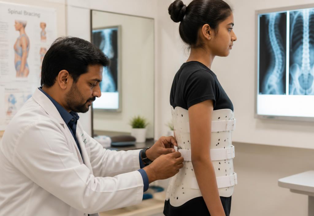 Orthotist assessing a teenage patient's spinal alignment while fitting a supportive spinal orthosis.
