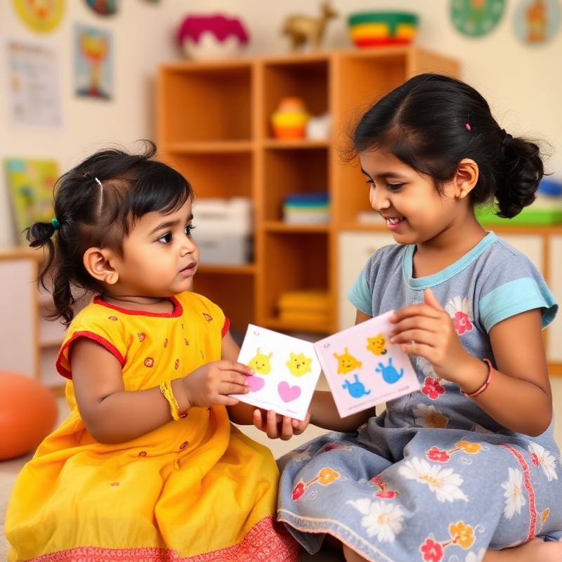 Special educator teaching child with flashcards