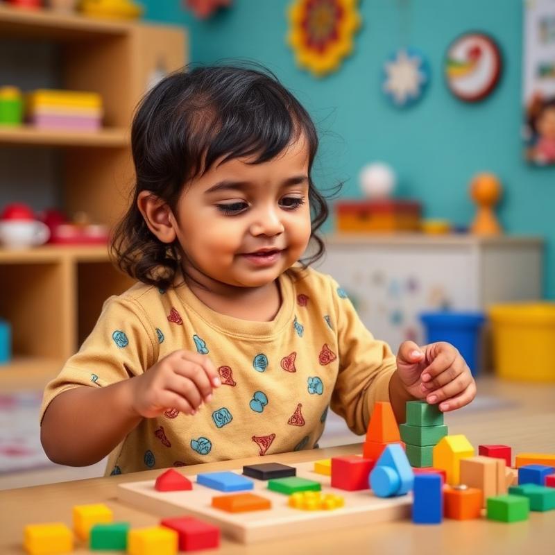 Indian child doing cognitive activities with blocks and puzzles
