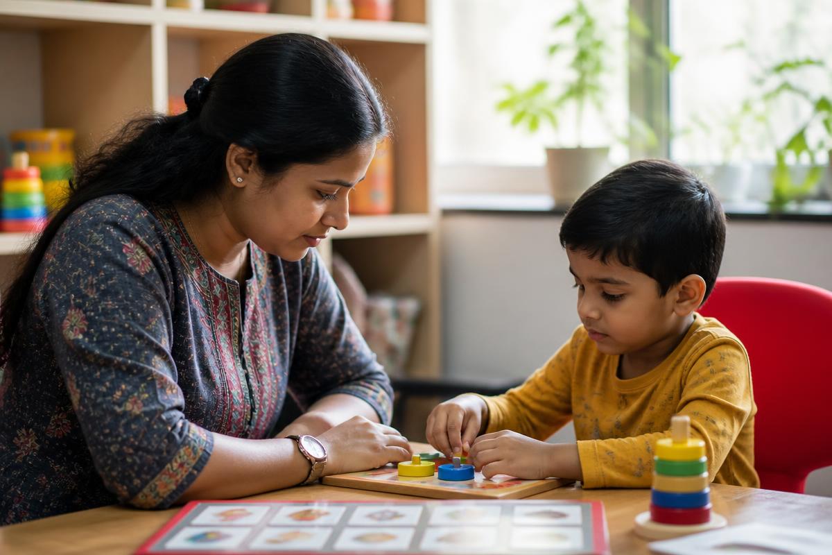 Special educator working with a young child using developmental learning materials and communication cards