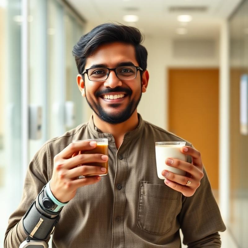 Indian patient using prosthetic arm in daily life