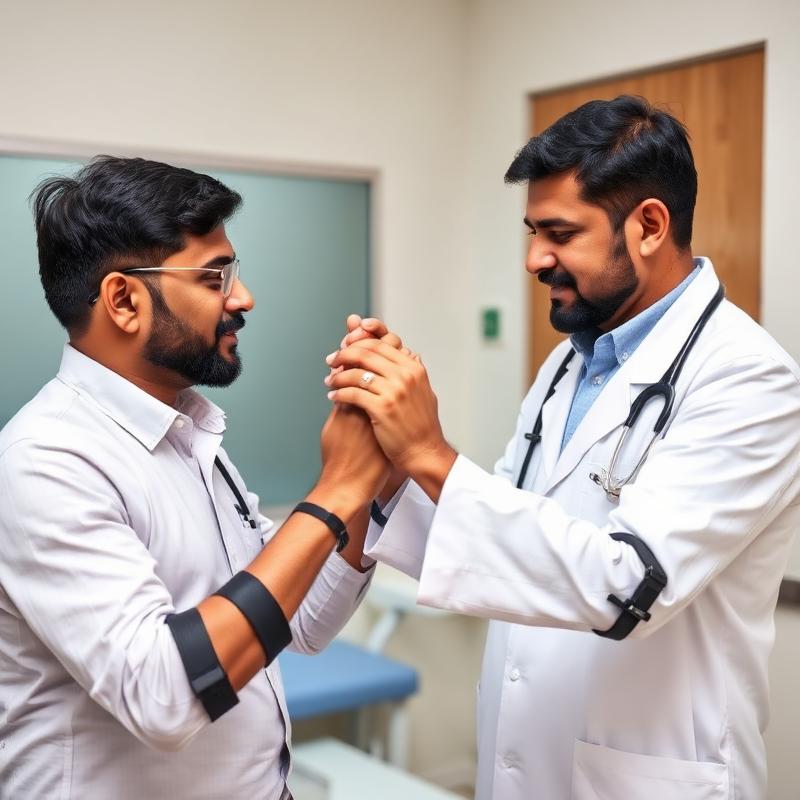 Prosthetist fitting an upper limb device on an Indian patient